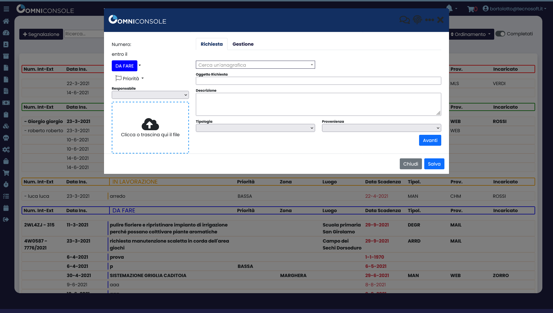 OmniConsole raccolta segnalazioni nuova segnalazione